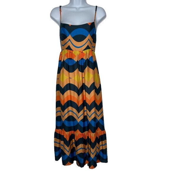 Olivaceous Tie Back Midi Dress Size M Chevron Orange Blue Tiered Boho - Picture 1 of 9